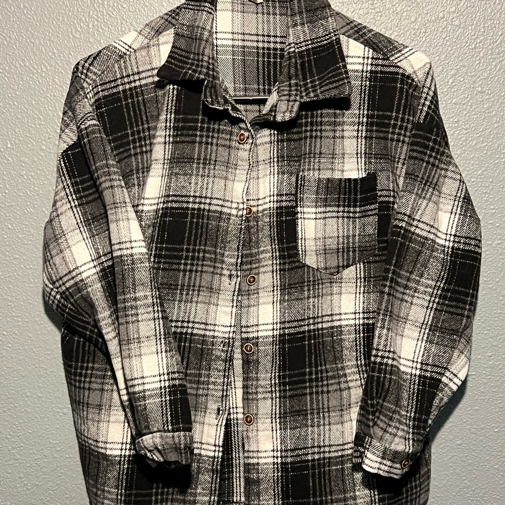 Fashion Cat Plaid Button Down Shirt Womens M Black White Long Sleeve Pocket